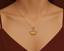 Gold necklace with a gold crown pendant/ charm on a mannequin neck against a brown background